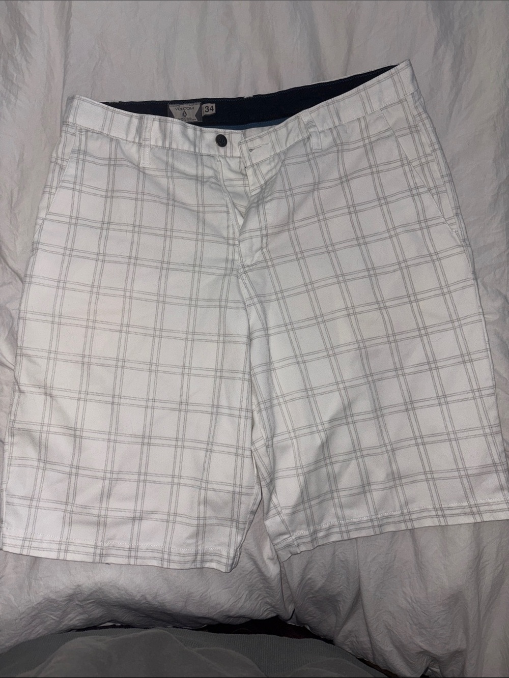 Volcom White and Gray Plaid Flat Front Shorts